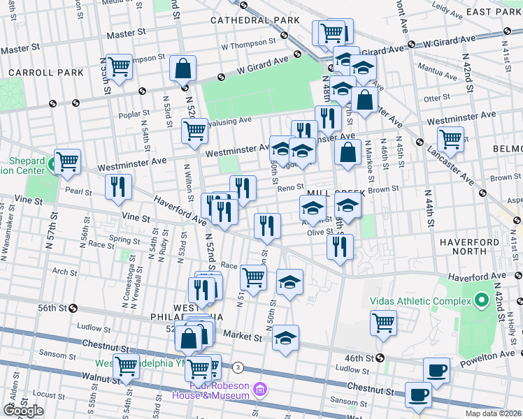 map of restaurants, bars, coffee shops, grocery stores, and more near 5057 Brown Street in Philadelphia