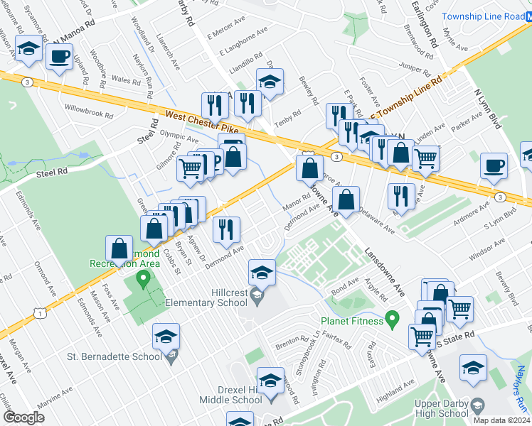 map of restaurants, bars, coffee shops, grocery stores, and more near 2249 Manor Road in Delaware County