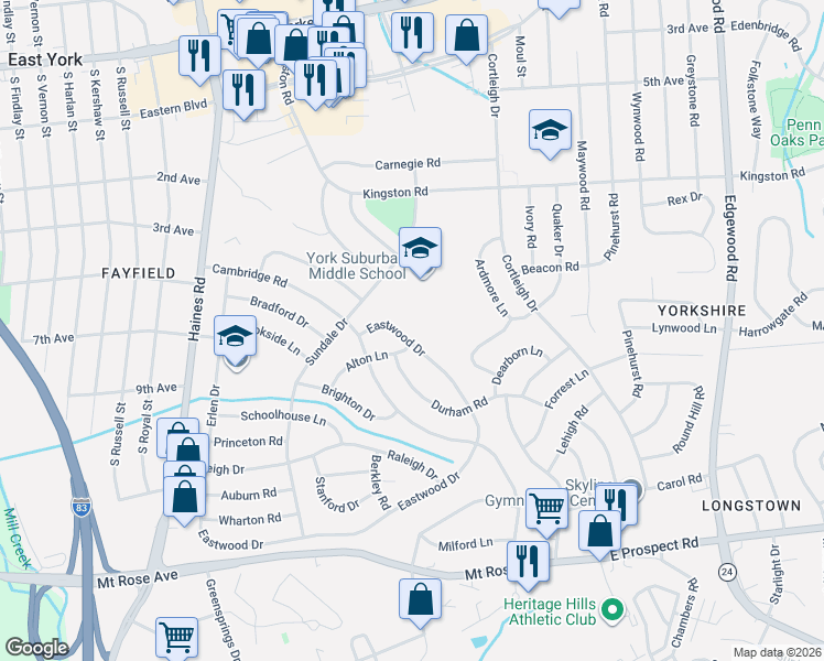 map of restaurants, bars, coffee shops, grocery stores, and more near 2870 Eastwood Drive in East York