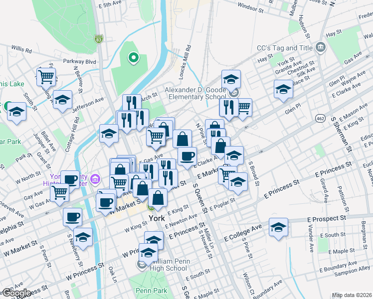 map of restaurants, bars, coffee shops, grocery stores, and more near 139 North Queen Street in York