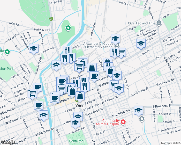 map of restaurants, bars, coffee shops, grocery stores, and more near 139 North Queen Street in York