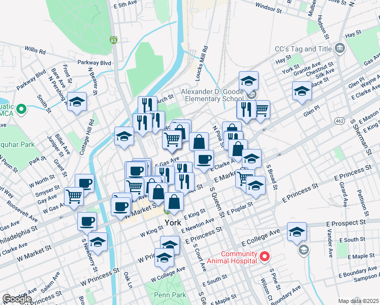 map of restaurants, bars, coffee shops, grocery stores, and more near 139 North Queen Street in York