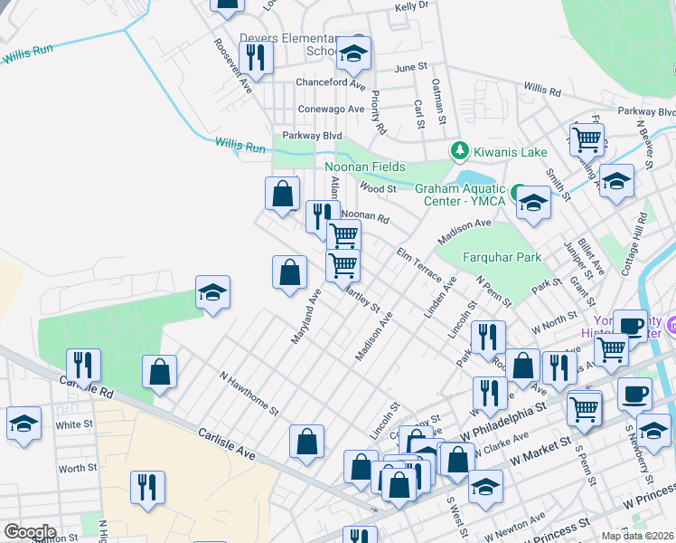 map of restaurants, bars, coffee shops, grocery stores, and more near 495 Maryland Avenue in York