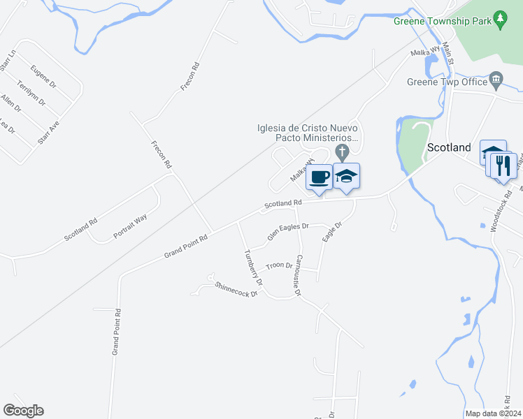 map of restaurants, bars, coffee shops, grocery stores, and more near 3504 Scotland Road in Chambersburg