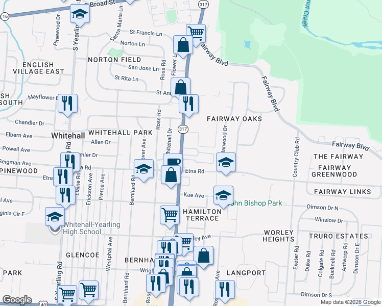 map of restaurants, bars, coffee shops, grocery stores, and more near 411 Shell Court East in Whitehall