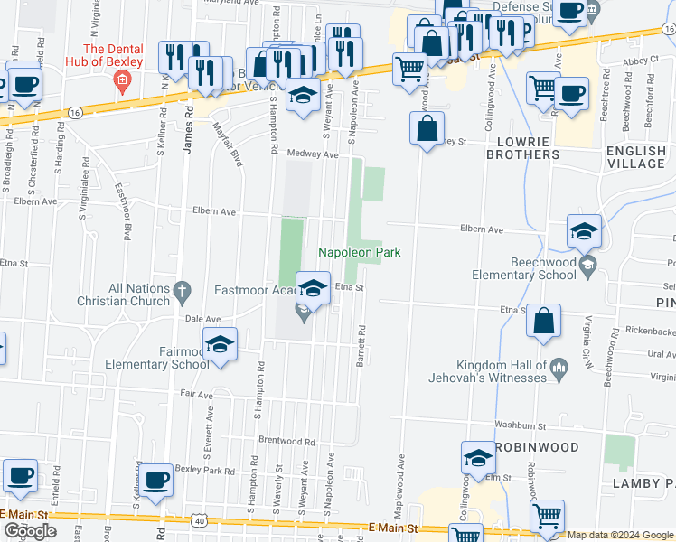 map of restaurants, bars, coffee shops, grocery stores, and more near 317 South Napoleon Avenue in Columbus