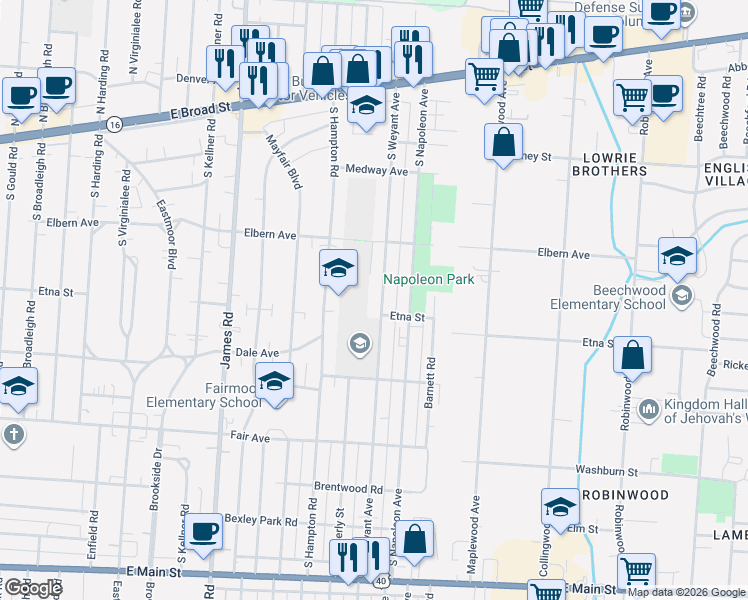 map of restaurants, bars, coffee shops, grocery stores, and more near 311 South Weyant Avenue in Columbus