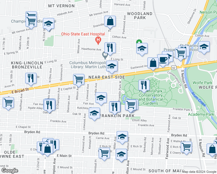 map of restaurants, bars, coffee shops, grocery stores, and more near 1445 East Broad Street in Columbus