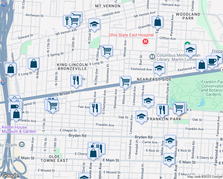 map of restaurants, bars, coffee shops, grocery stores, and more near 1212 East Broad Street in Columbus