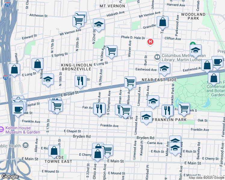 map of restaurants, bars, coffee shops, grocery stores, and more near 1212 East Broad Street in Columbus