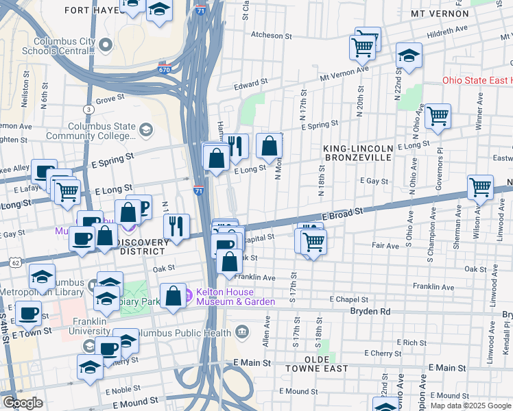 map of restaurants, bars, coffee shops, grocery stores, and more near 53 North Garfield Avenue in Columbus