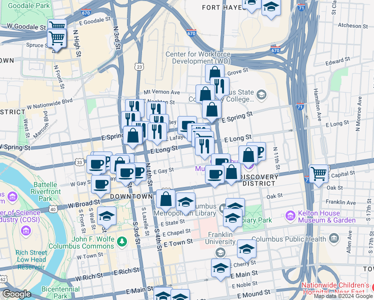 map of restaurants, bars, coffee shops, grocery stores, and more near 288 East Long Street in Columbus