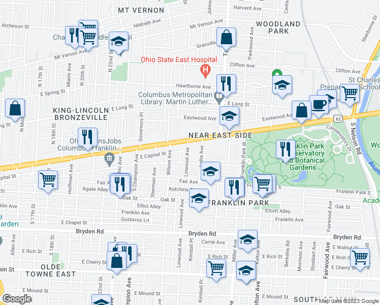 map of restaurants, bars, coffee shops, grocery stores, and more near 28 Linwood Avenue in Columbus