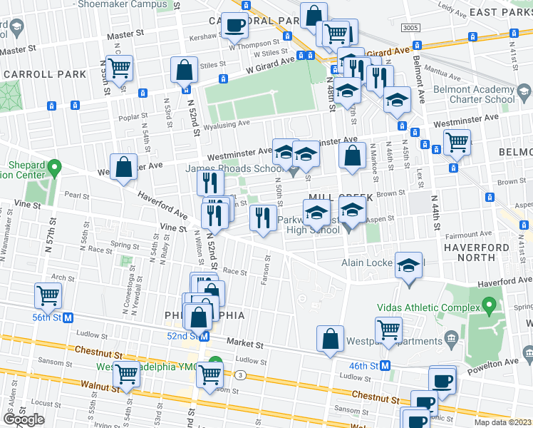 map of restaurants, bars, coffee shops, grocery stores, and more near 5022 Brown Street in Philadelphia