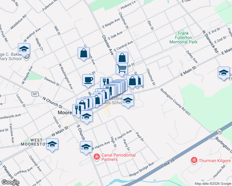map of restaurants, bars, coffee shops, grocery stores, and more near 78 East 2nd Street in Moorestown