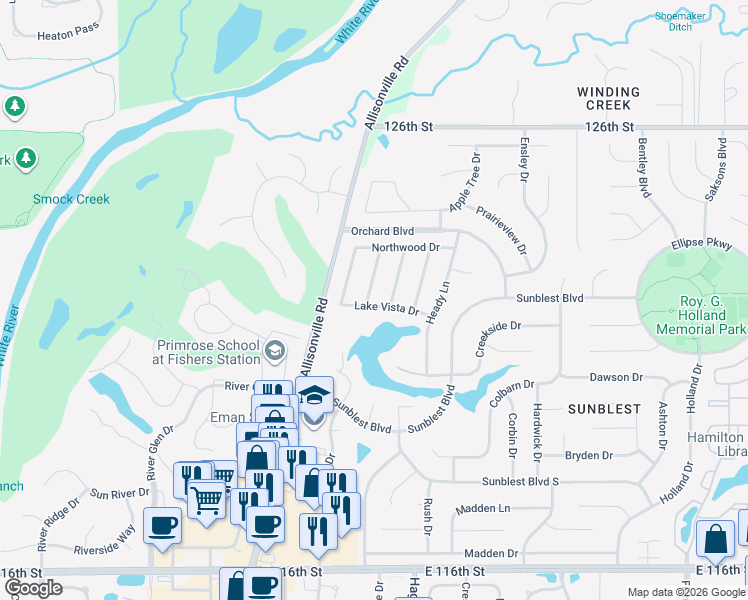 map of restaurants, bars, coffee shops, grocery stores, and more near 105 Willowood Lane in Fishers