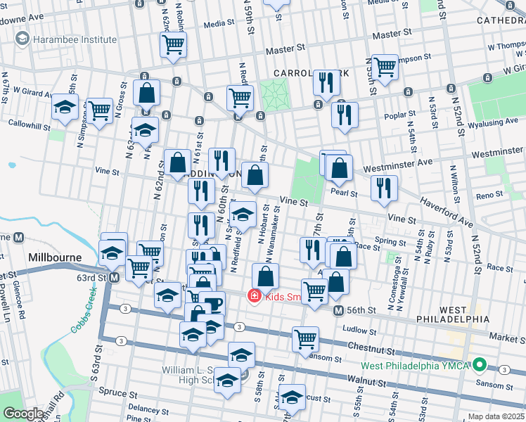 map of restaurants, bars, coffee shops, grocery stores, and more near 238 North Hobart Street in Philadelphia
