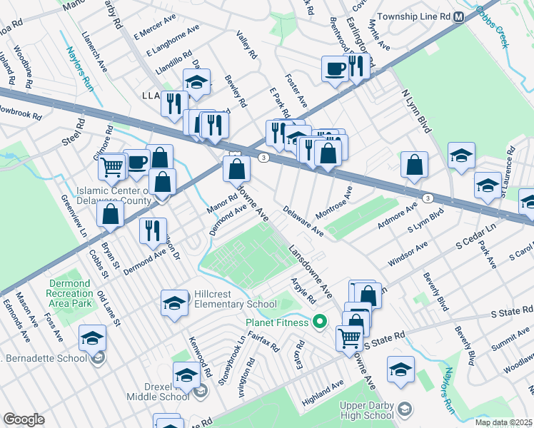 map of restaurants, bars, coffee shops, grocery stores, and more near 90 South Harwood Avenue in Upper Darby
