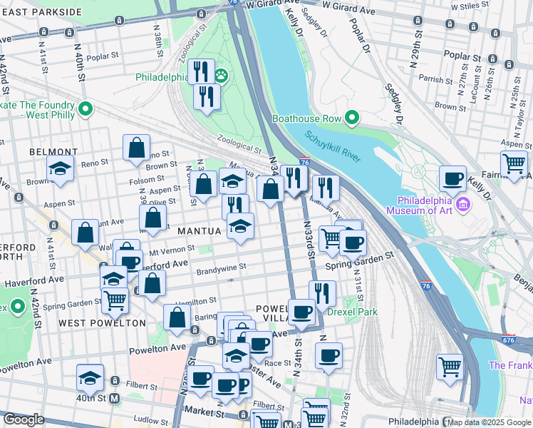 map of restaurants, bars, coffee shops, grocery stores, and more near 3500 Fairmount Avenue in Philadelphia