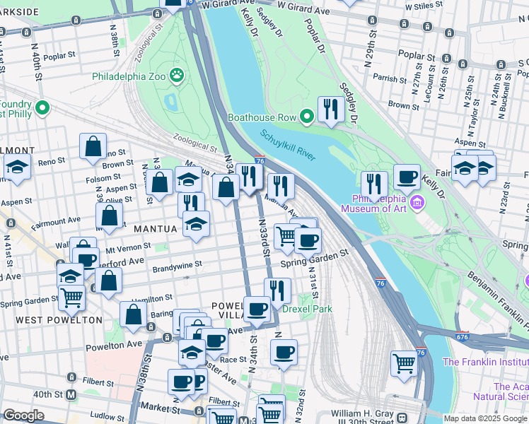 map of restaurants, bars, coffee shops, grocery stores, and more near in Philadelphia
