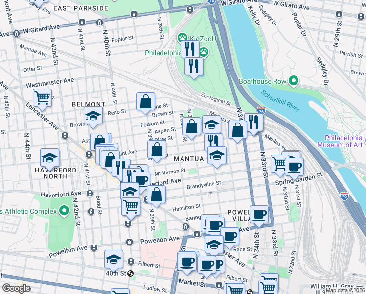 map of restaurants, bars, coffee shops, grocery stores, and more near 3724 Fairmount Avenue in Philadelphia