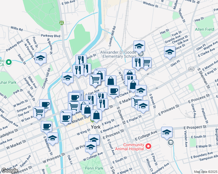 map of restaurants, bars, coffee shops, grocery stores, and more near 139 North Queen Street in York