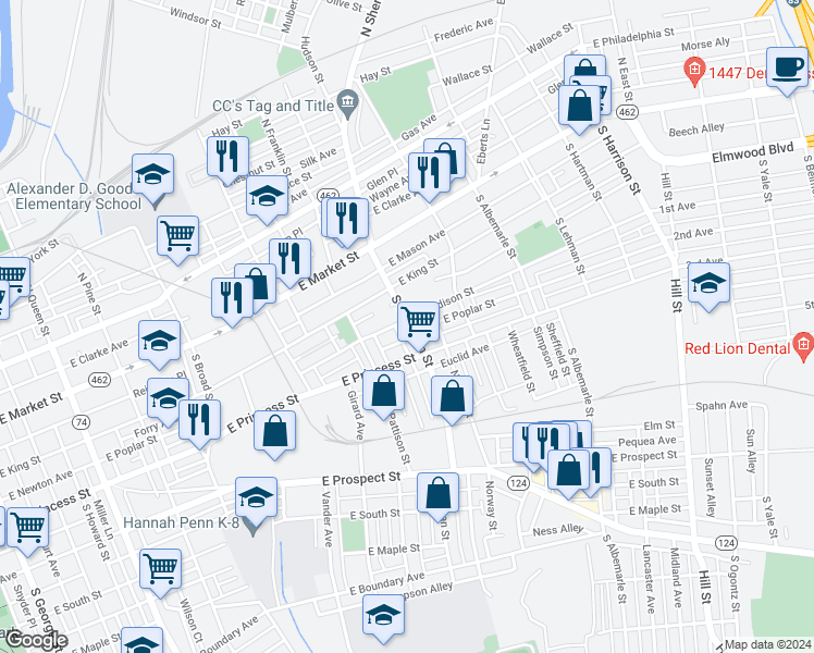 map of restaurants, bars, coffee shops, grocery stores, and more near 204 South Sherman Street in York