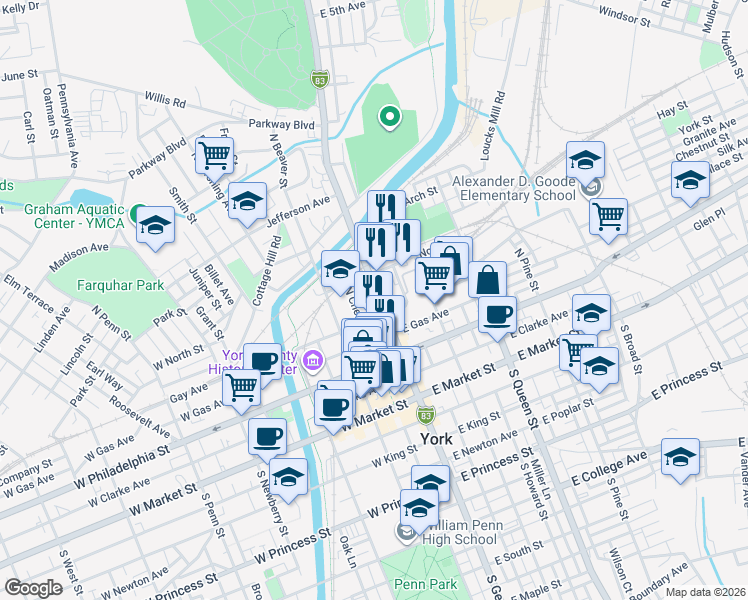 map of restaurants, bars, coffee shops, grocery stores, and more near 231 Interstate 83 Business in York