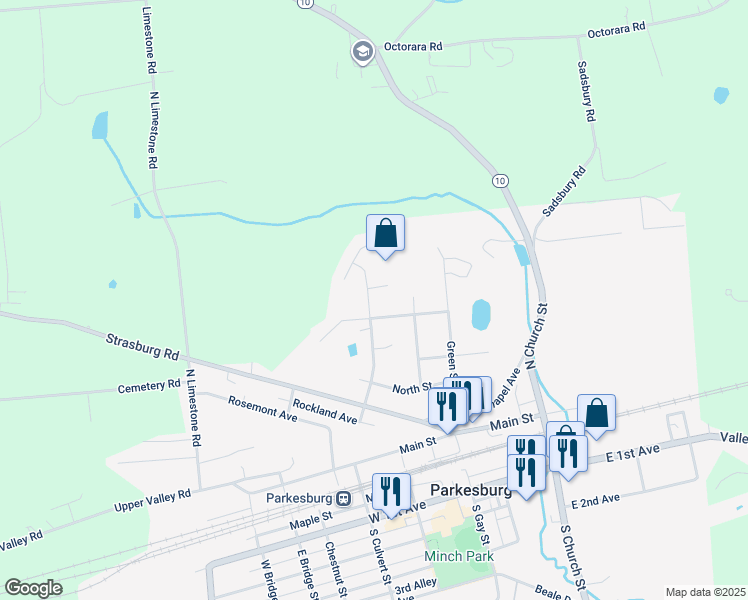 map of restaurants, bars, coffee shops, grocery stores, and more near 505 North Culvert Street in Parkesburg