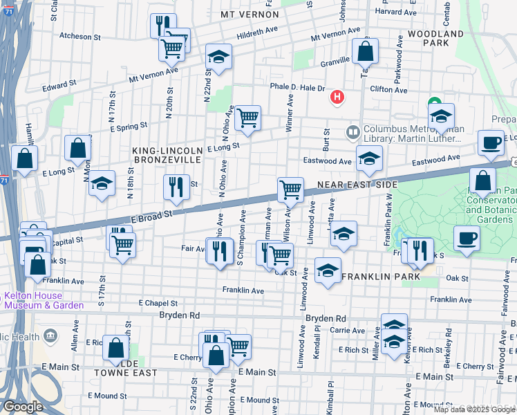 map of restaurants, bars, coffee shops, grocery stores, and more near 1231 East Broad Street in Columbus