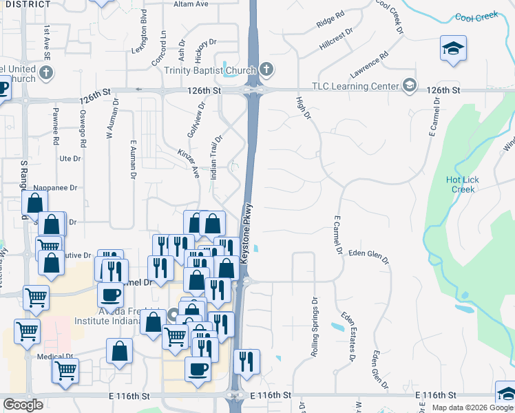 map of restaurants, bars, coffee shops, grocery stores, and more near 3211 Eden Way Place in Carmel