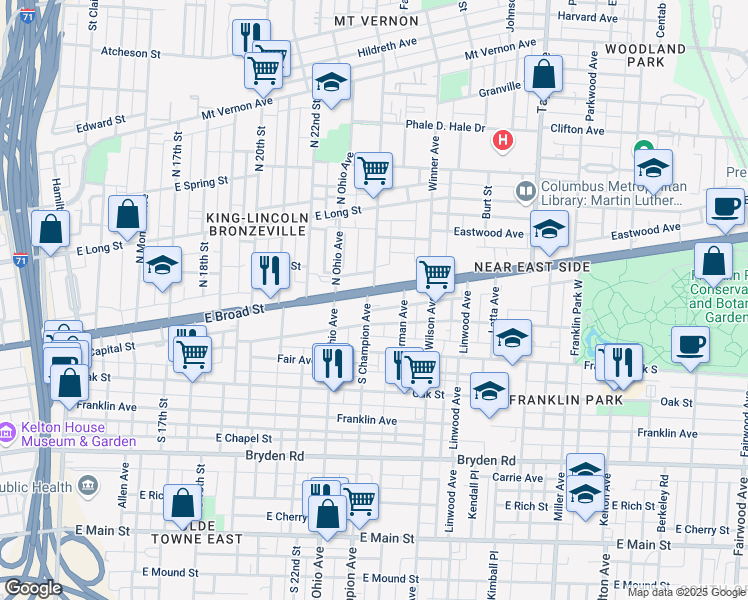 map of restaurants, bars, coffee shops, grocery stores, and more near 1203 East Broad Street in Columbus