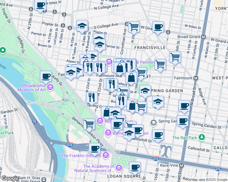 map of restaurants, bars, coffee shops, grocery stores, and more near 2036 Mount Vernon Street in Philadelphia