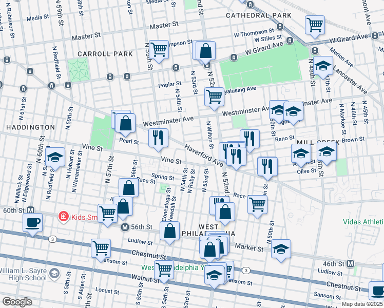 map of restaurants, bars, coffee shops, grocery stores, and more near 5330 Haverford Avenue in Philadelphia