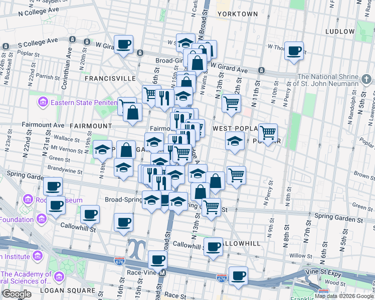 map of restaurants, bars, coffee shops, grocery stores, and more near 699 North Broad Street in Philadelphia