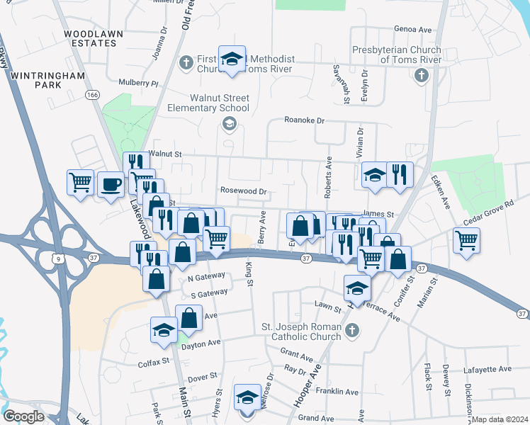 map of restaurants, bars, coffee shops, grocery stores, and more near 935 Berry Avenue in Toms River