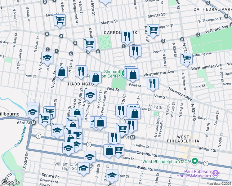 map of restaurants, bars, coffee shops, grocery stores, and more near 5742 Vine Street in Philadelphia