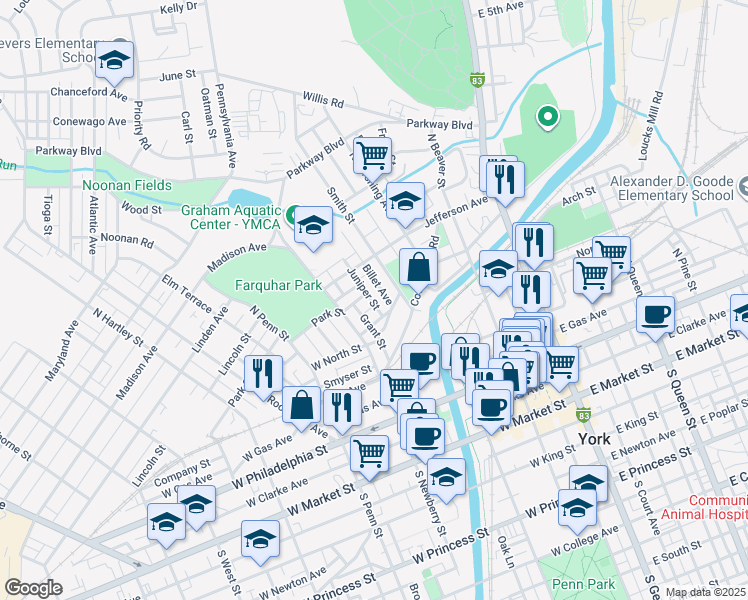 map of restaurants, bars, coffee shops, grocery stores, and more near 423 Juniper Street in York