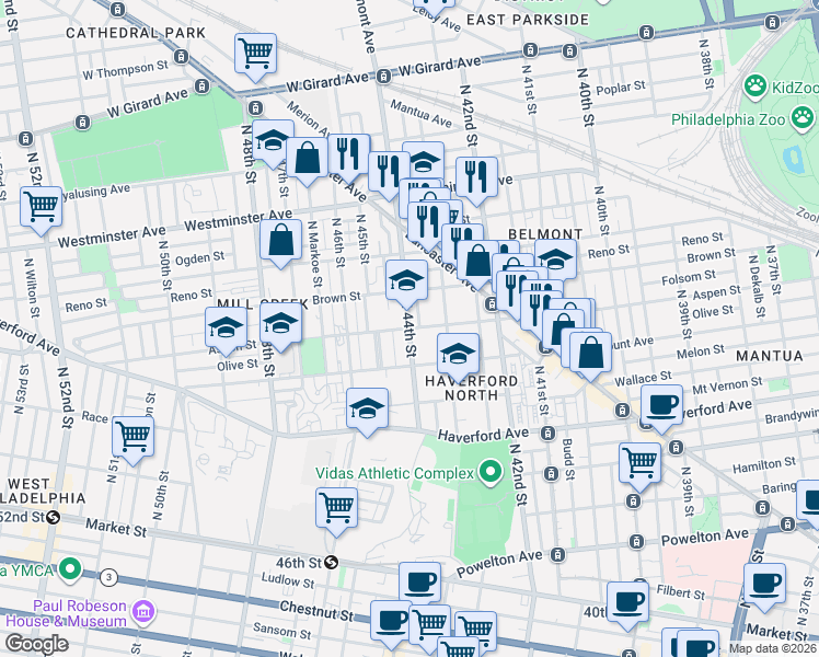 map of restaurants, bars, coffee shops, grocery stores, and more near North 44th Street in Philadelphia