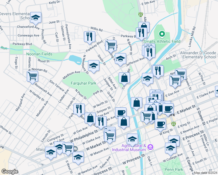map of restaurants, bars, coffee shops, grocery stores, and more near 276 Park Street in York