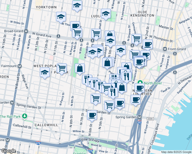 map of restaurants, bars, coffee shops, grocery stores, and more near 835 Hoffman Place in Philadelphia