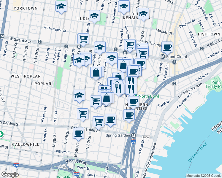 map of restaurants, bars, coffee shops, grocery stores, and more near 333 Poplar Street in Philadelphia
