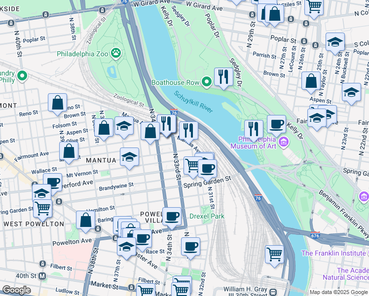 map of restaurants, bars, coffee shops, grocery stores, and more near 3215 Wallace Street in Philadelphia