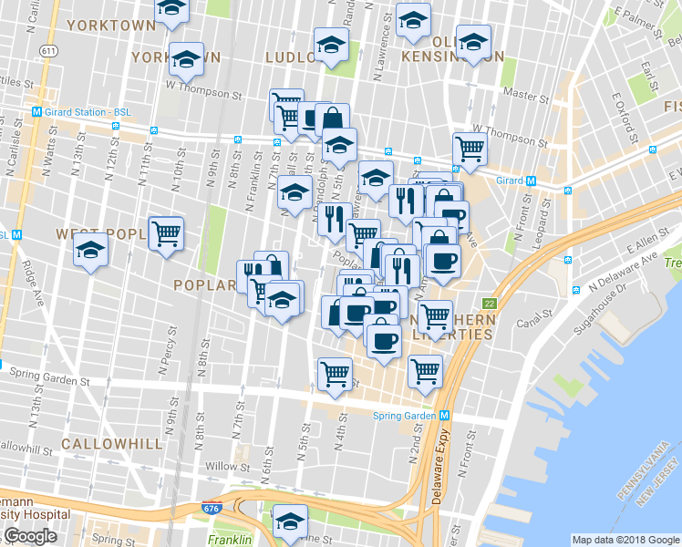 map of restaurants, bars, coffee shops, grocery stores, and more near 868 North Lawrence Street in Philadelphia