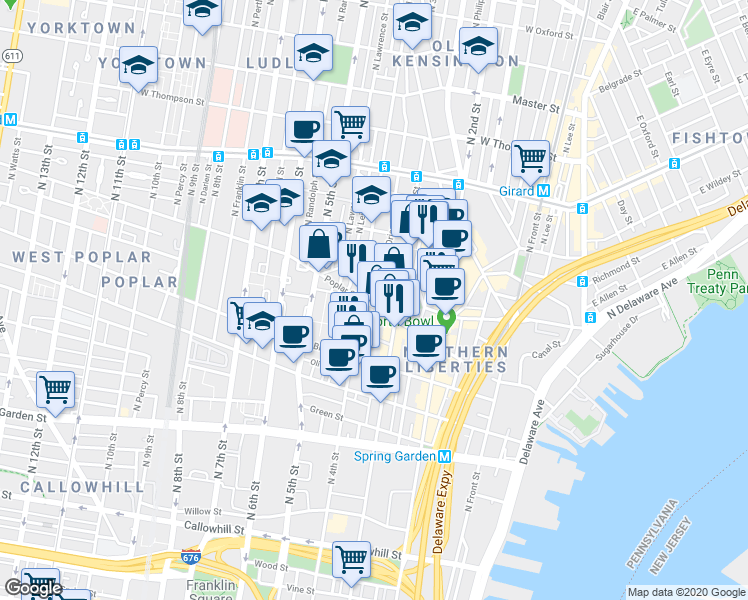map of restaurants, bars, coffee shops, grocery stores, and more near 908 N Orianna St in Philadelphia