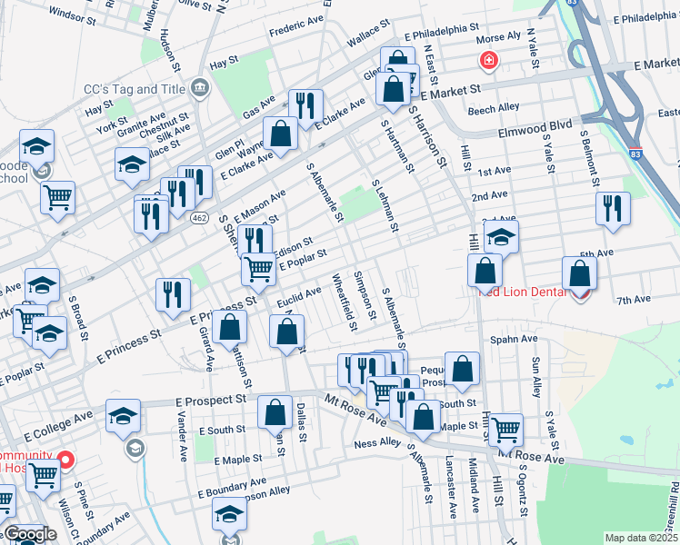 map of restaurants, bars, coffee shops, grocery stores, and more near 950 East Princess Street in York