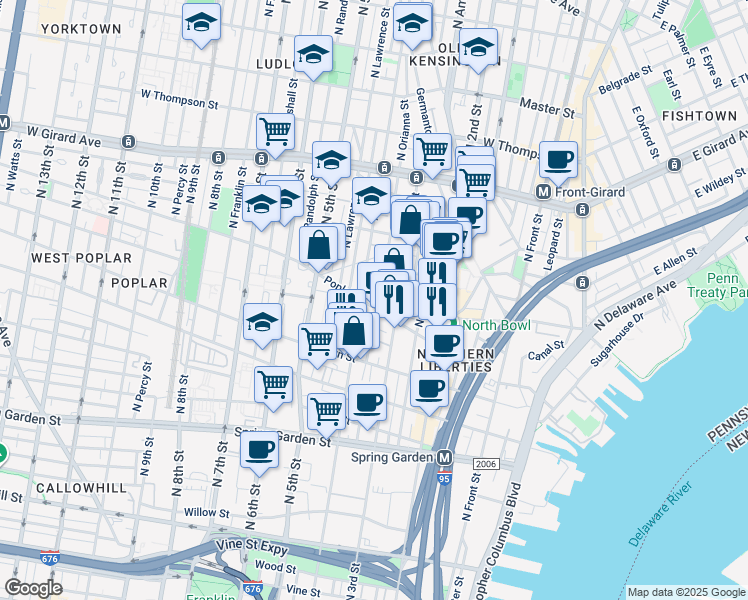 map of restaurants, bars, coffee shops, grocery stores, and more near 908 N Orianna St in Philadelphia