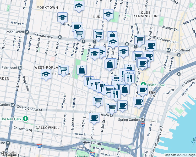 map of restaurants, bars, coffee shops, grocery stores, and more near 835 Hoffman Place in Philadelphia