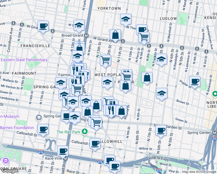 map of restaurants, bars, coffee shops, grocery stores, and more near 1100 Fairmount Avenue in Philadelphia