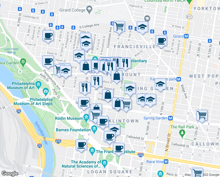 map of restaurants, bars, coffee shops, grocery stores, and more near N 20th St & Mt Vernon St in Philadelphia